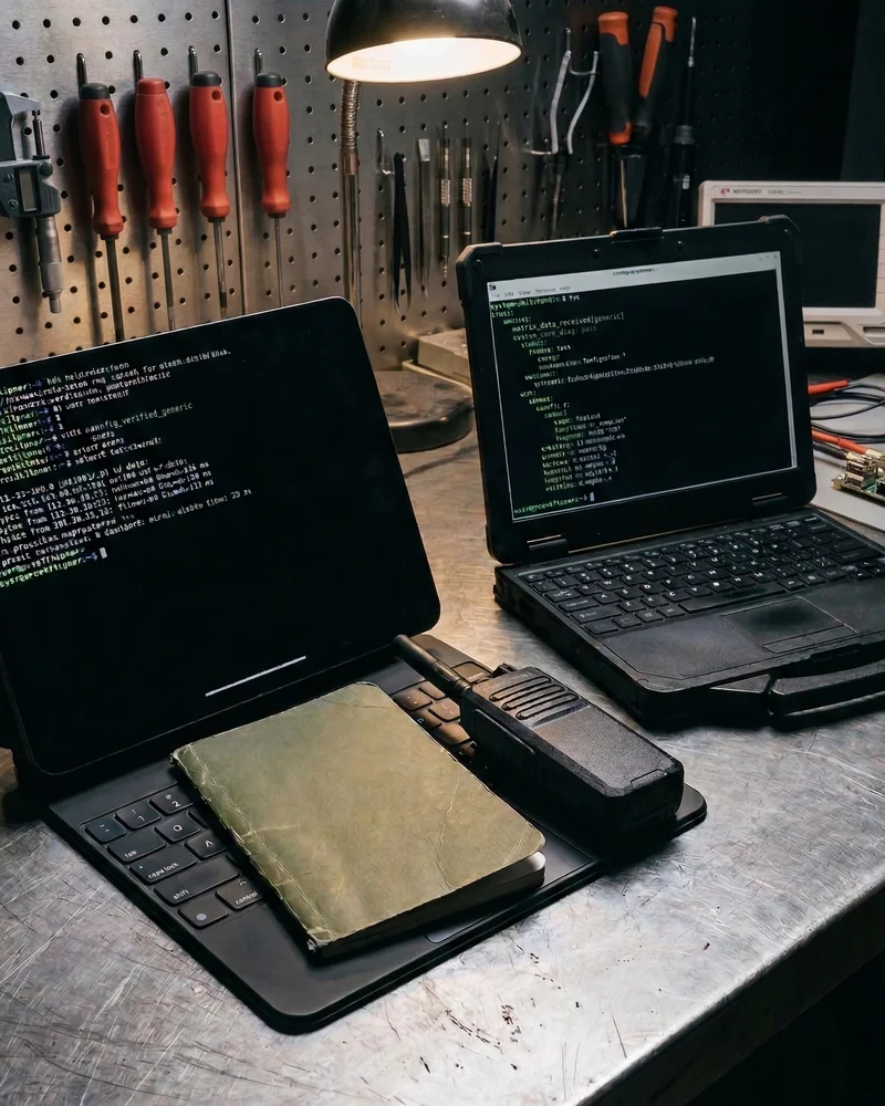 Practitioner workbench with field notebook, ruggedised laptops, and radio equipment