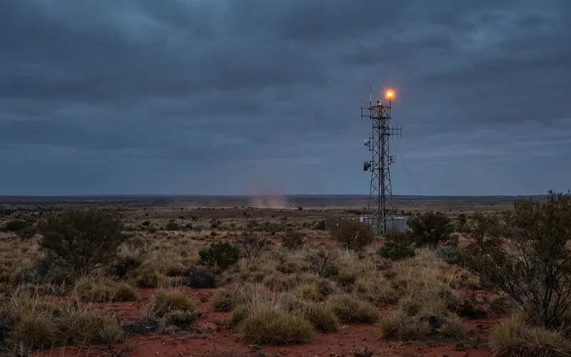 Remote Australian outback with an industrial monitoring tower and amber warning light