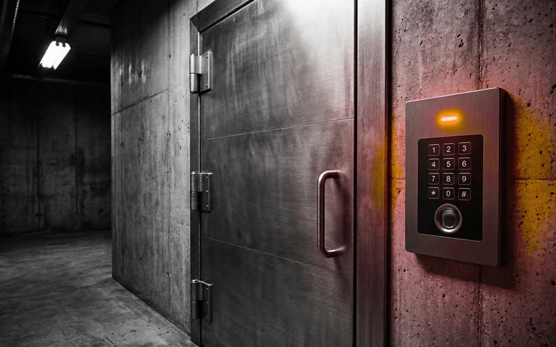 Heavy steel security door with electronic access control panel in a dim corridor